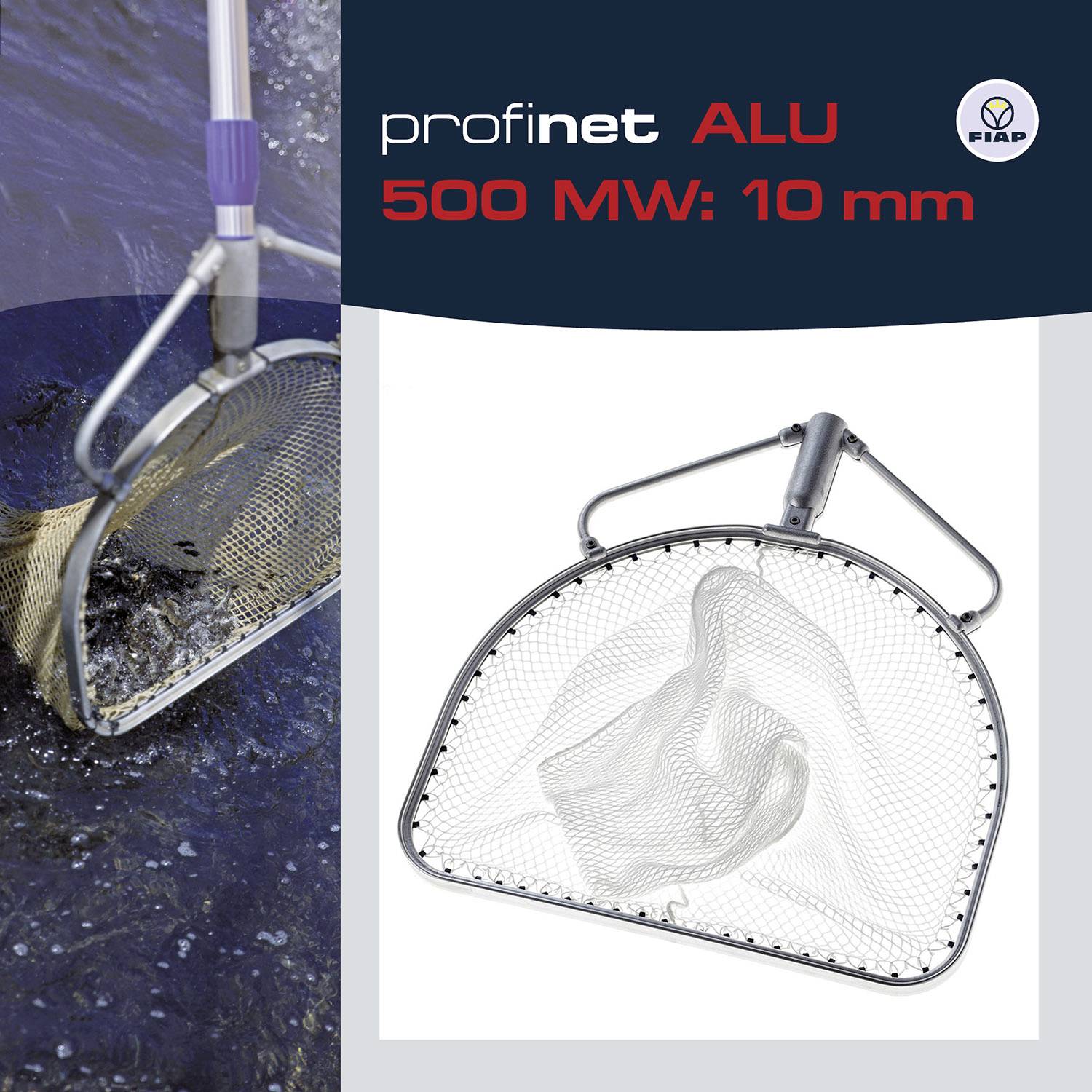 Filet de pêche Angelnetz profinet ALU 500 MW : 10 mm, utilisé lors de la pêche dans l'eau. À gauche dans l'eau, à droite vue détaillée du filet.