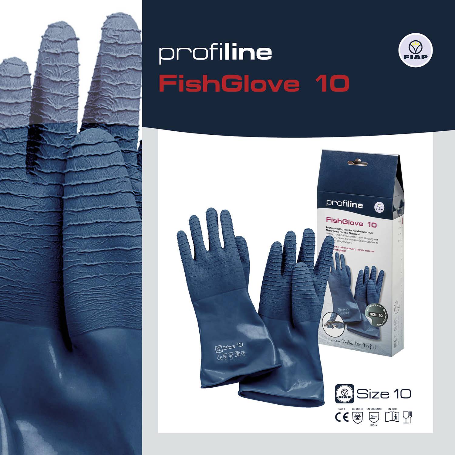 Gants de caoutchouc bleus 'FishGlove 10' de profiline, antidérapants et durables. L'emballage présente une image des gants, taille 10.