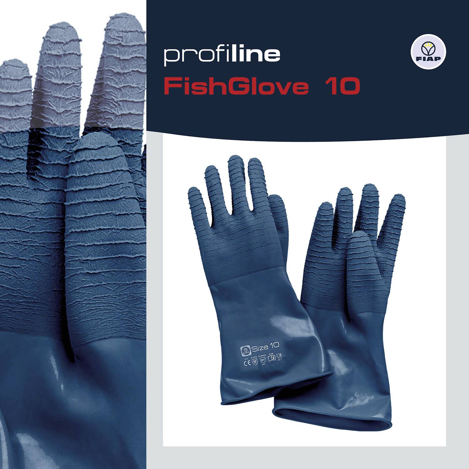Gants 'Profiline FishGlove 10' bleus sur un fond gris, présentés par la marque FIAP.