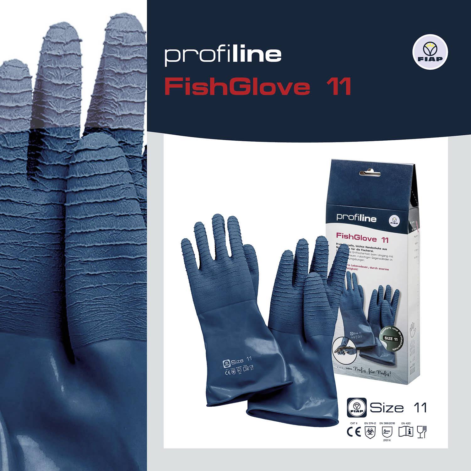 Une paire de gants de travail bleus avec une structure antidérapante. À côté des gants se trouve l'emballage, qui contient des informations sur la taille des gants et la marque.