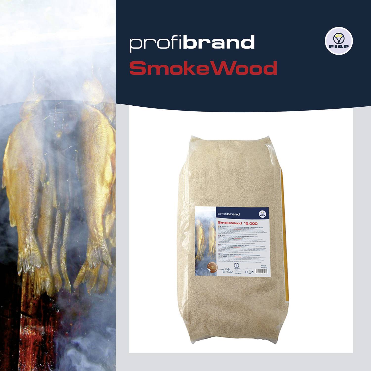 Emballage de 'Profibrand SmokeWood' et image de filets de poisson fumés.