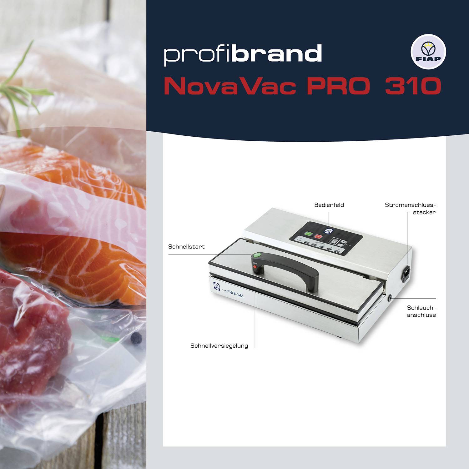 'Profibrand NovaVac PRO 310 Sous Vide' et filet de saumon frais sur du bois. L'appareil montre les commandes, la connexion électrique, la jonction défectueuse.