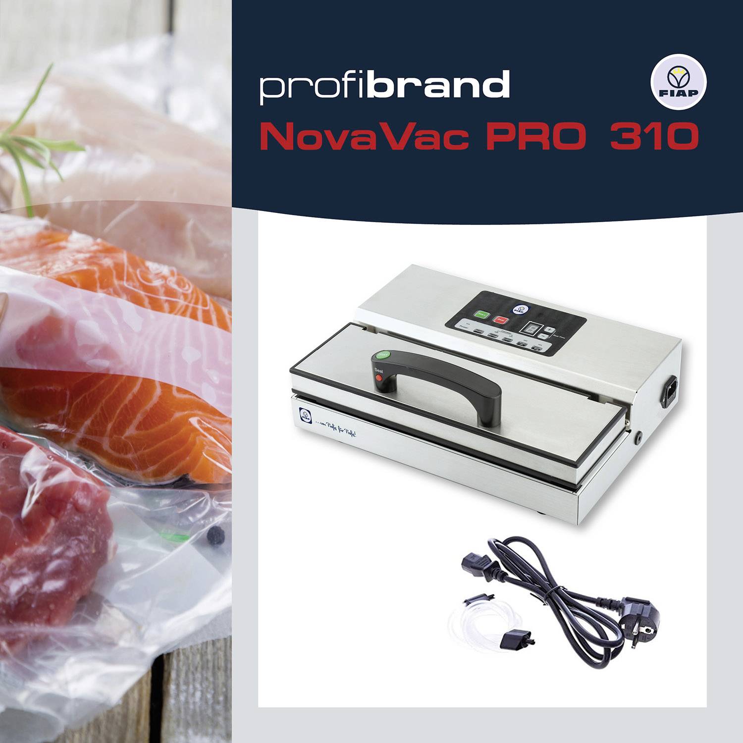 Appareil de mise sous vide 'NovaVac PRO 310' représenté, avec des informations sur le fabricant 'profibrand'. En arrière-plan, des filets de saumon sous vide.
