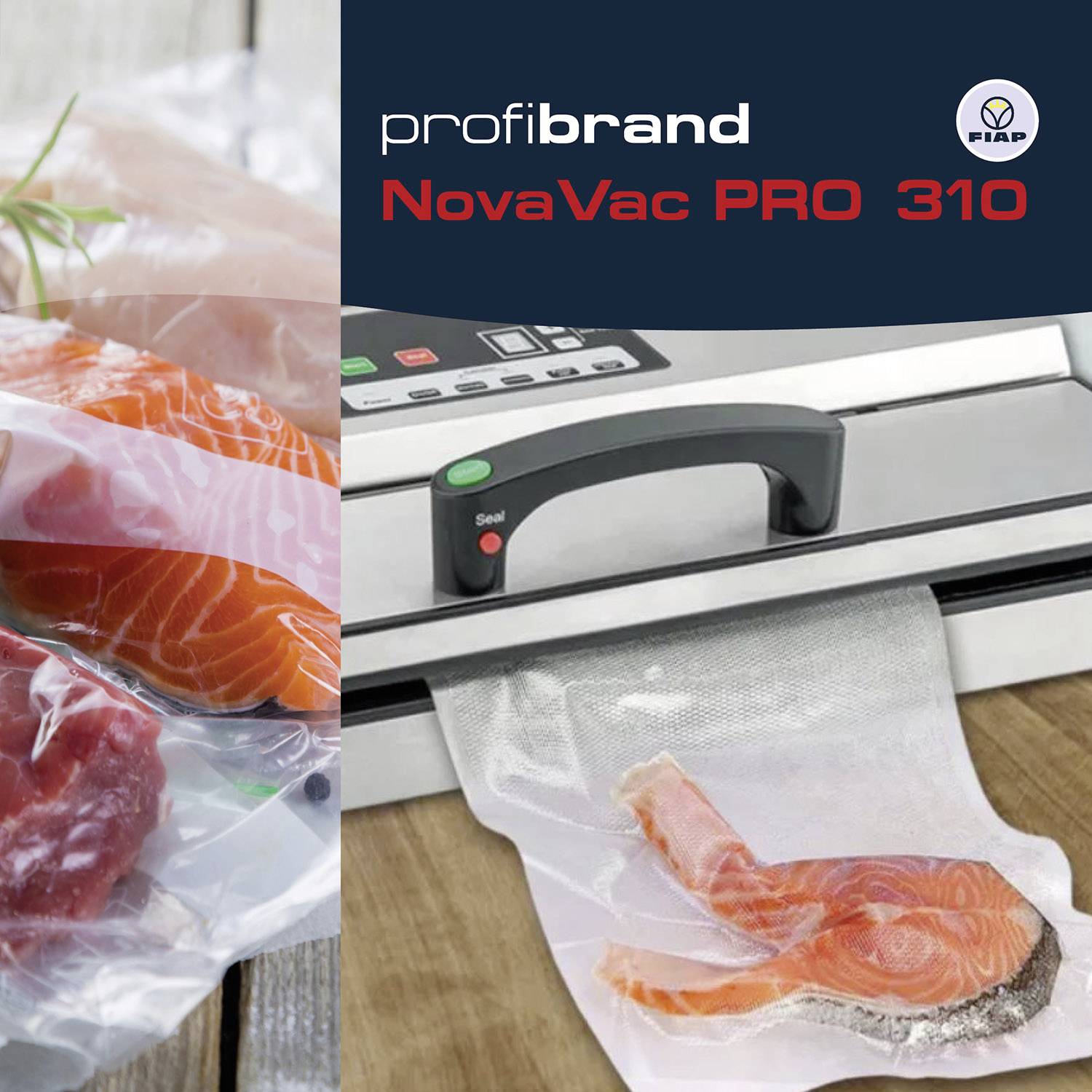'NovaVac PRO 310' de profibrand, un appareil de mise sous vide. À gauche, du saumon frais et du bœuf dans des sachets sous vide. Idéal pour la conservation.