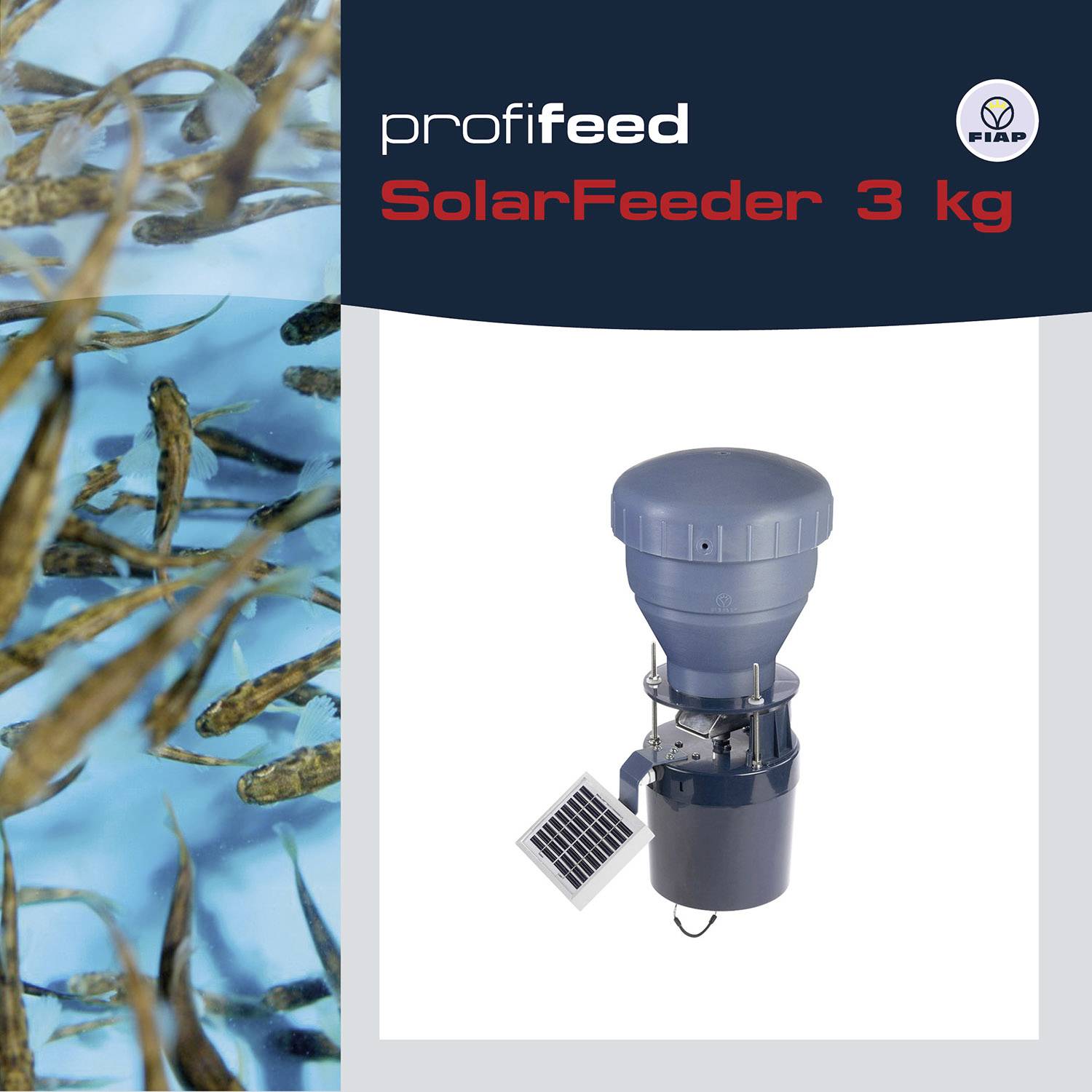 'profifeed SolarFeeder 3 kg' illustré. À gauche, des poissons qui nagent dans une eau claire, à droite, l'appareil avec son module solaire.