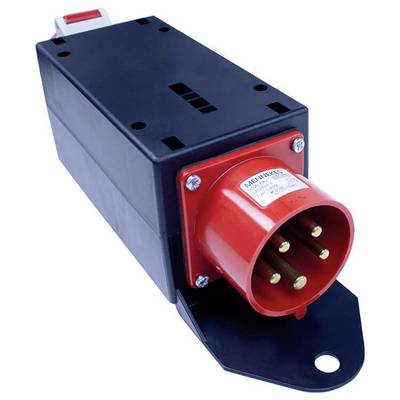 Un connecteur industriel rouge à six pôles avec un boîtier noir et un interrupteur de commande rouge, sur un fond neutre.