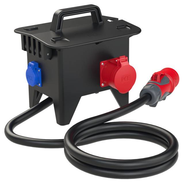 'Boîte de distribution électrique portable noire avec une connexion bleue et une connexion rouge, un long câble noir et une fiche rouge.'