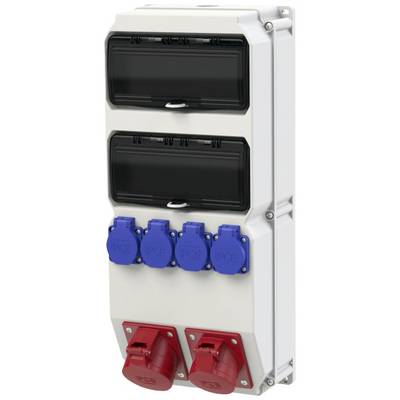 Prise multifonction avec deux caches de protection noirs en haut, quatre prises rondes bleues au centre et deux prises rondes rouges en bas.
