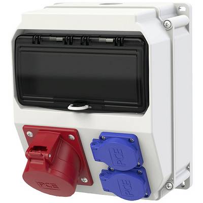 Boîte de distribution électrique avec une prise rouge et deux prises bleues. Le boîtier est conçu pour une utilisation dans des environnements industriels.
