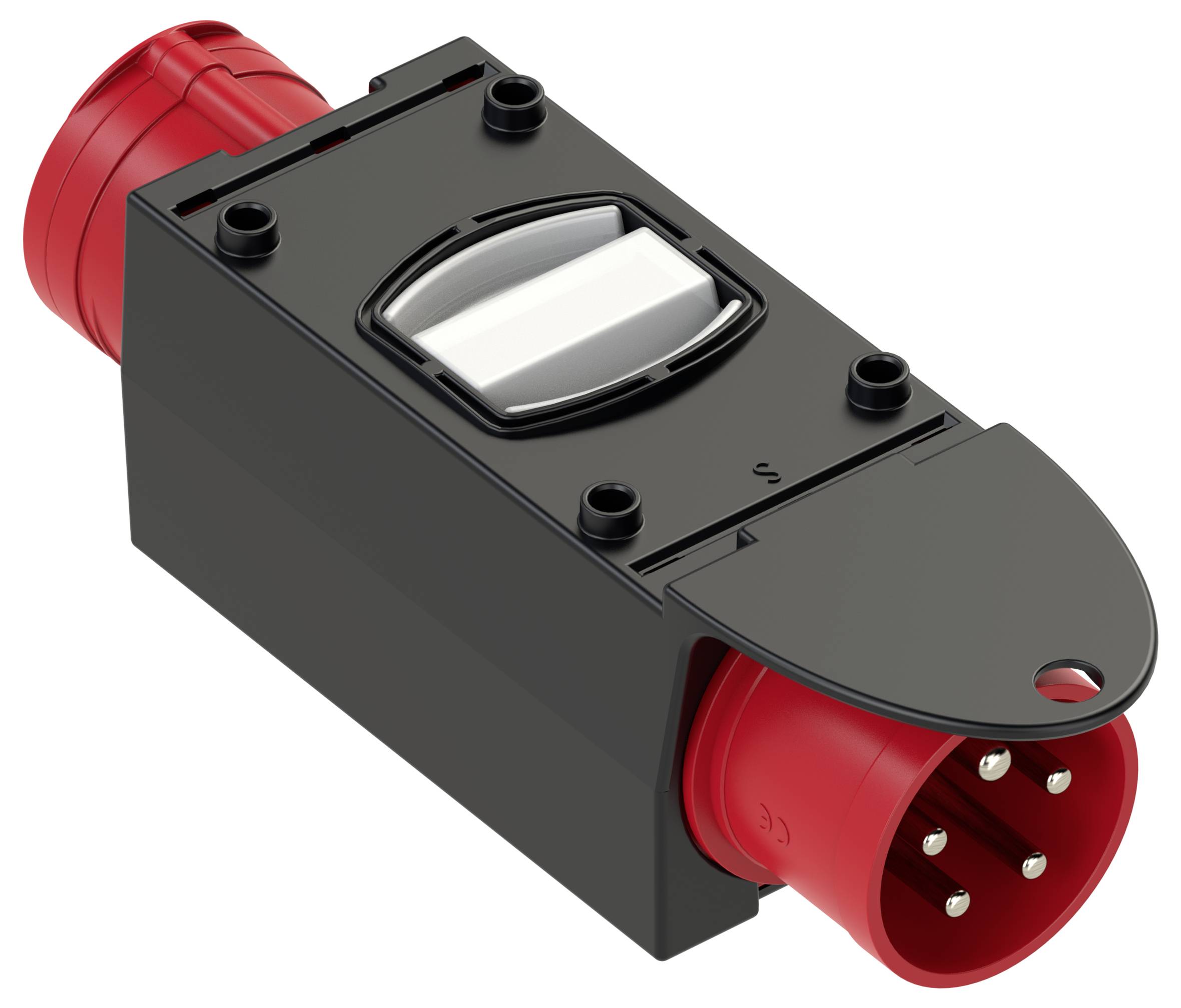 Connecteur industriel rouge et noir à broches multiples, adapté pour des intensités de courant élevées.