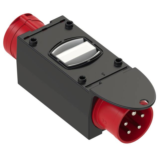Un connecteur noir avec une fiche et un socle rouges. Le connecteur a une forme rectangulaire et dispose d'un interrupteur central.