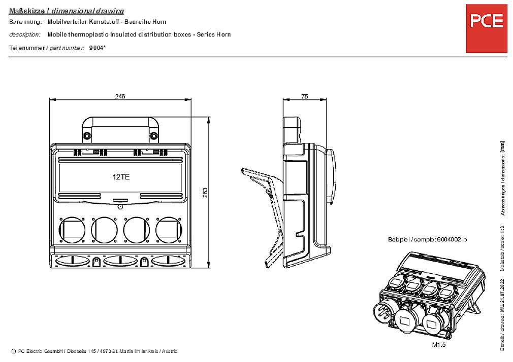 Esquisse dimensionnelle d'un distributeur mobile en boîtier métallique de la série 'Horn' avec dimensions, vue latérale et vue d'exemple. Capacité de 12 modules.