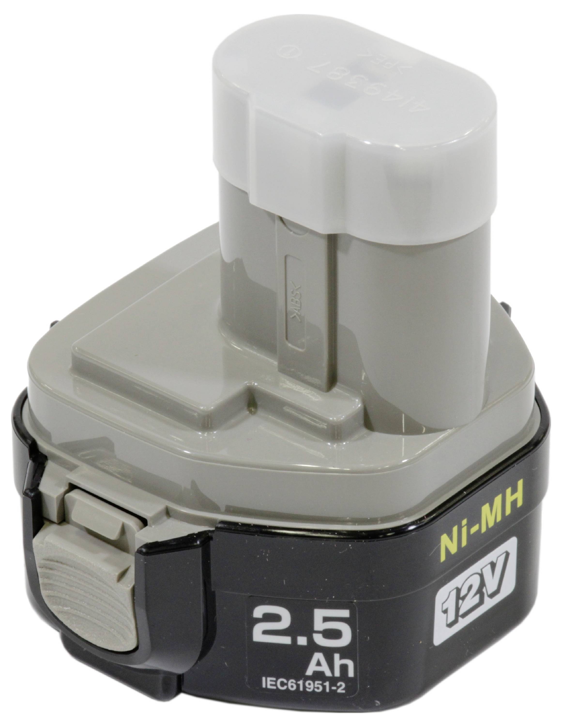 Une batterie Ni-MH 12V de 2,5 Ah, compatible avec la norme IEC61951-2. La batterie présente un boîtier gris et noir.