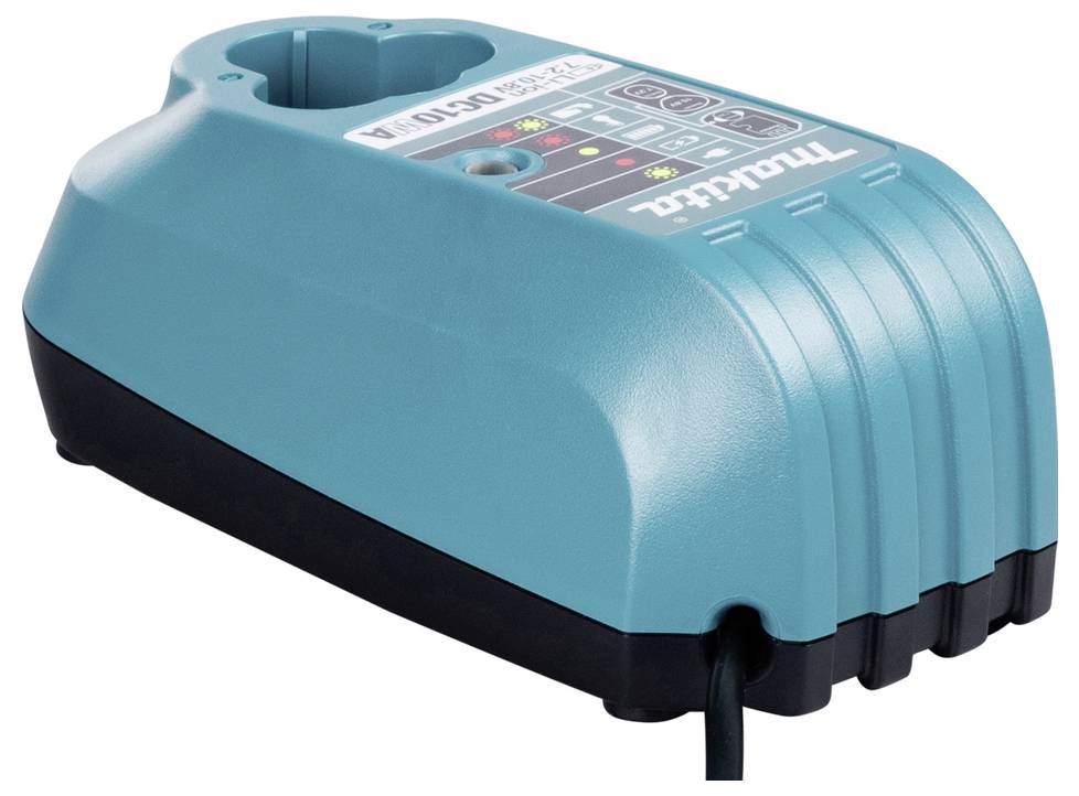 Un chargeur de batterie bleu-vert pour outils électriques, doté de voyants lumineux et d'un cordon, conçu pour recharger les batteries d'outils.