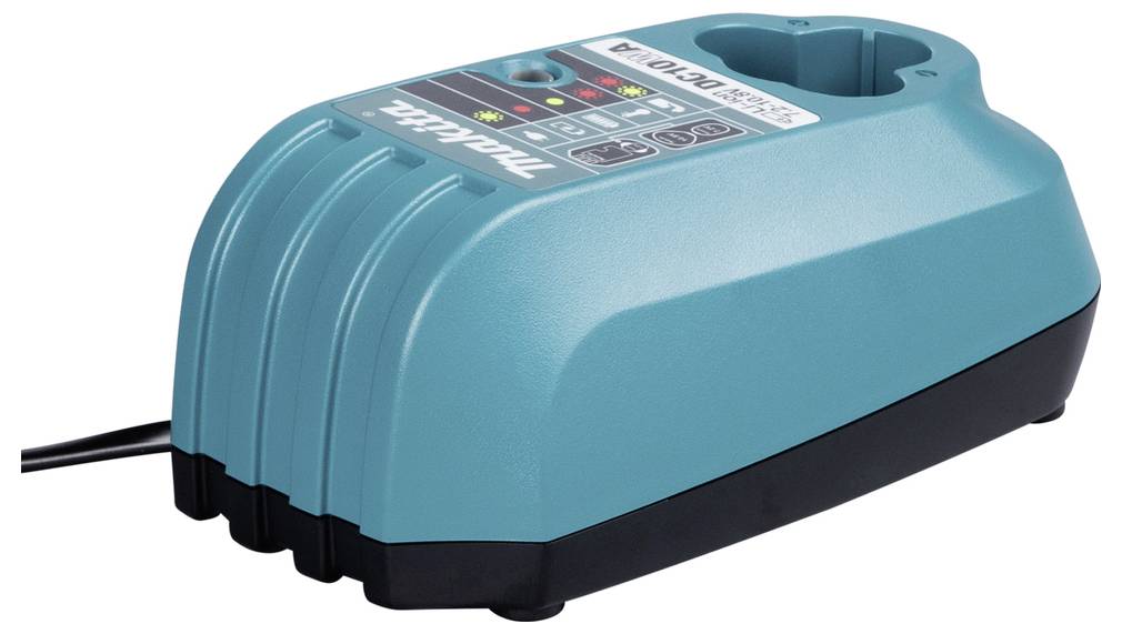 Un chargeur de batterie compact de couleur bleu-vert, doté d'indicateurs LED, conçu pour les batteries d'outils portables.