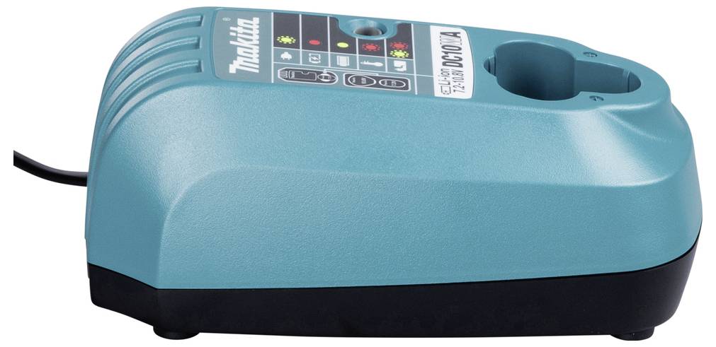 Un chargeur de batterie de couleur bleu-vert avec des voyants lumineux et un cordon d'alimentation, étiqueté 'Makita DC10WA', adapté pour charger des batteries spécifiques.