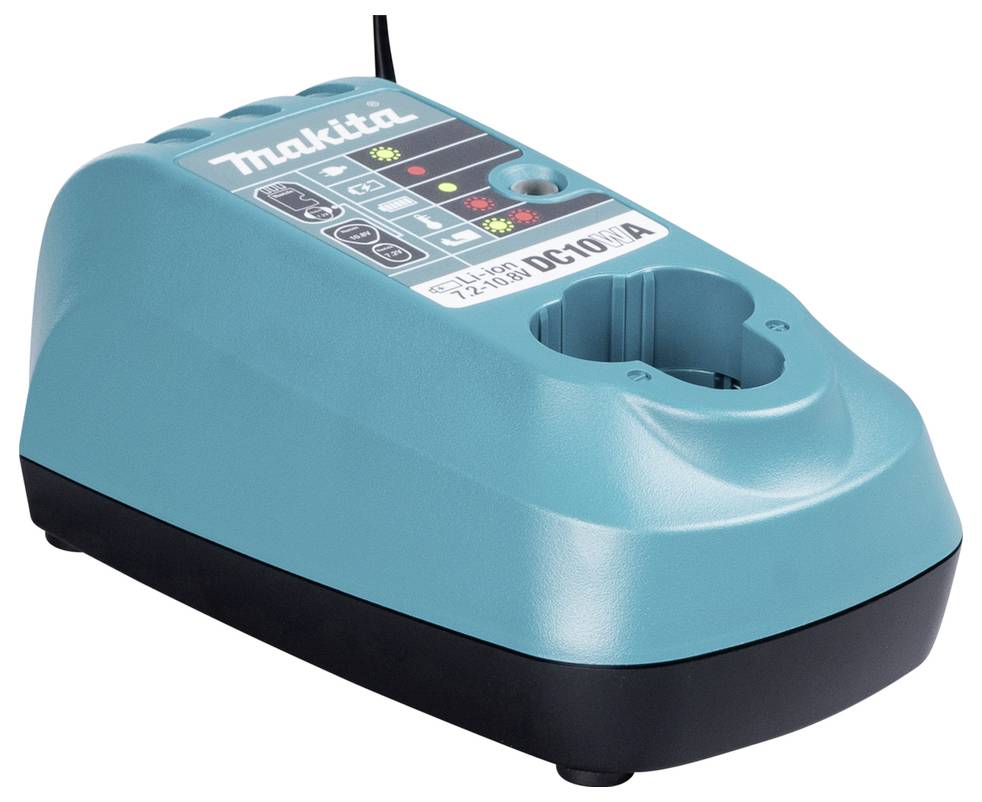 Chargeur de batterie pour perceuse sans fil avec indicateurs LED pour l'état de charge, compatible avec les batteries Makita, présentant un design bleu-vert et noir.