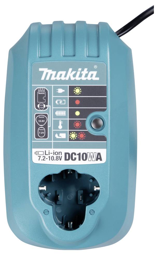 Un chargeur de batterie bleu canard étiqueté 'Makita' avec des indicateurs de mise sous tension et de statut de charge. Conçu pour batteries Li-ion de 7,2-10,8V (DC10WA).