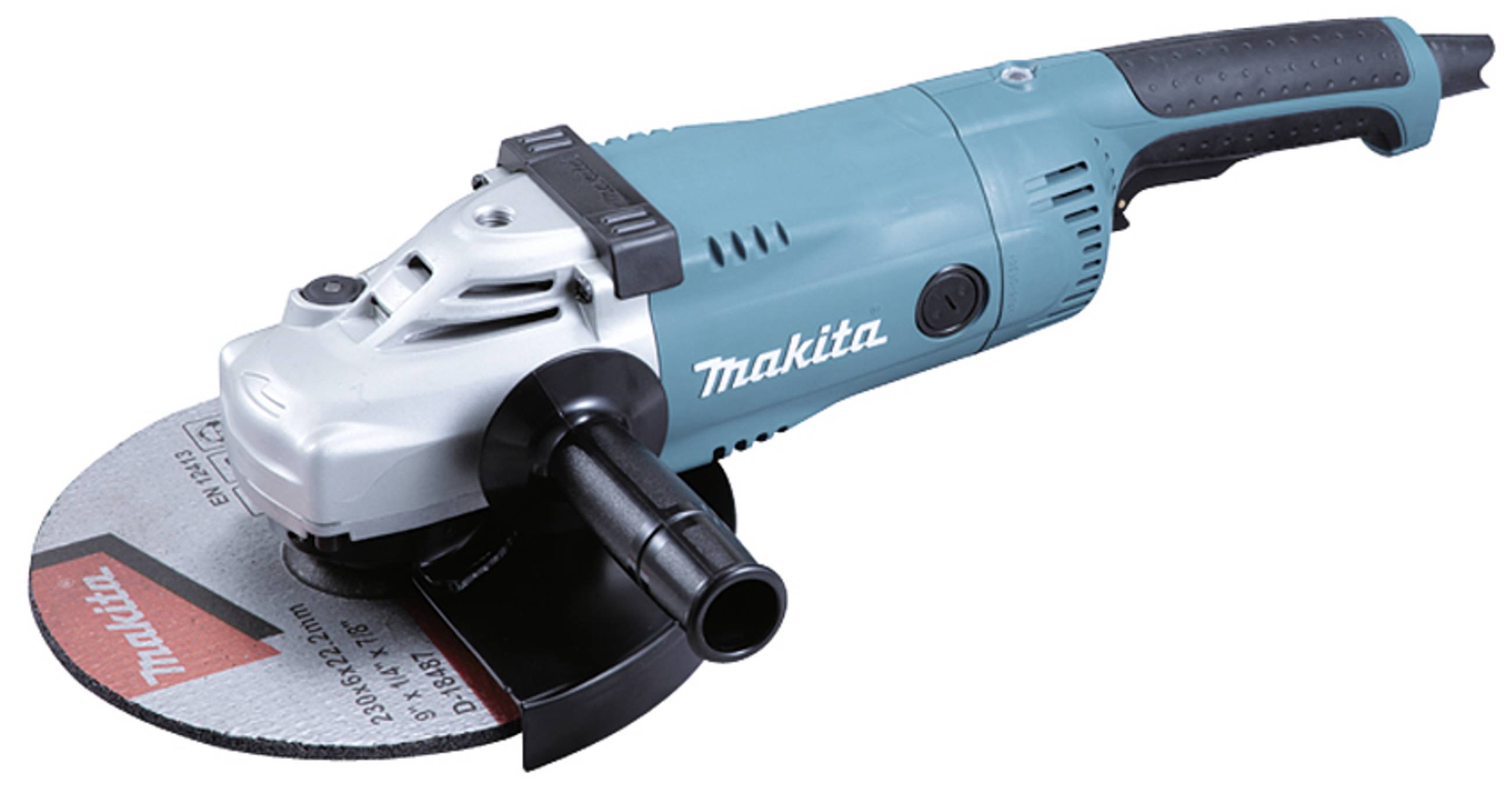Une meuleuse d'angle en turquoise et noir avec la marque 'Makita' imprimée. Adaptée pour les travaux de coupe et de meulage.