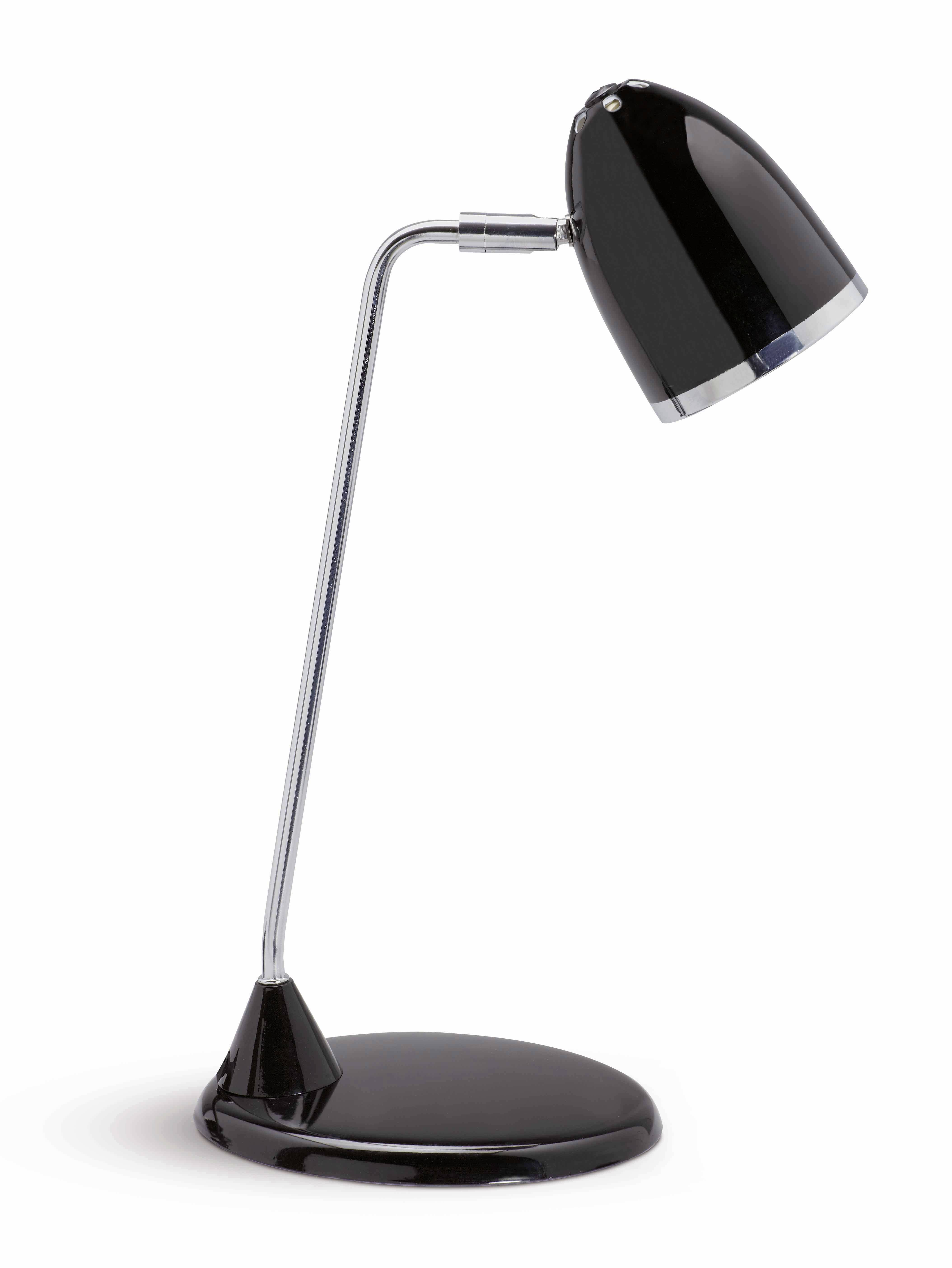 Lampe de bureau moderne noire avec bras métallique incurvé, base ronde brillante et abat-jour réglable sur fond blanc