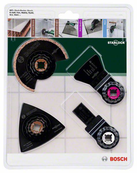Un emballage contenant quatre accessoires multifonctions Bosch, adaptés à divers travaux de coupe et de ponçage. Marques répertoriées en haut.