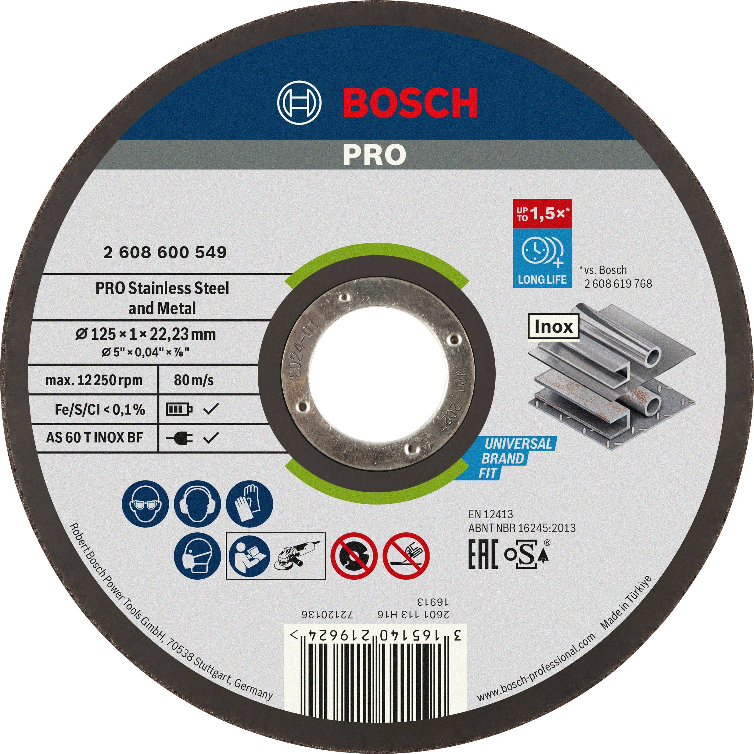'Disque de meulage Bosch rond, adapté pour l'acier inoxydable et le métal, diamètre 125 mm, épaisseur 1 mm, vitesse de rotation maximale de 12 250 tours par minute.'