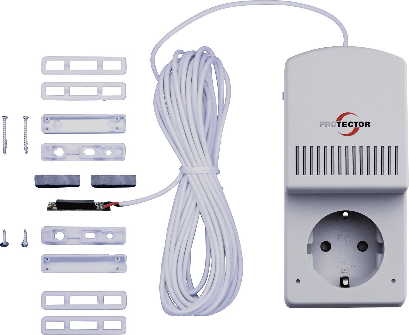 Prise électrique avec câble et accessoires pour systèmes de sécurité, marque 'Protector'. Comprend le matériel de montage et le capteur.