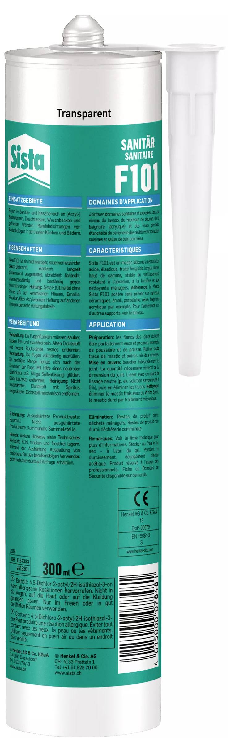 Cartouche de mastic silicone transparent pour applications sanitaires, marque 'Sista', modèle 'F101', volume : 300 ml.