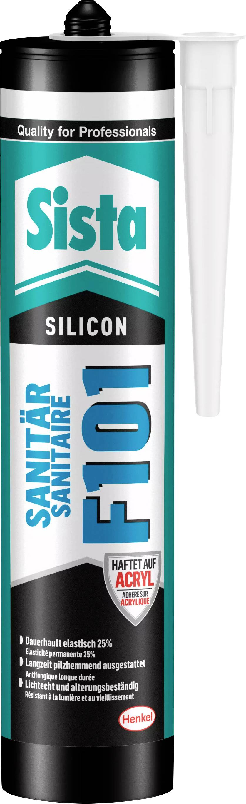 Cartouche de silicone sanitaire Sista F101, adaptée pour l'étanchéité dans les zones sanitaires, avec embout de dosage blanc.