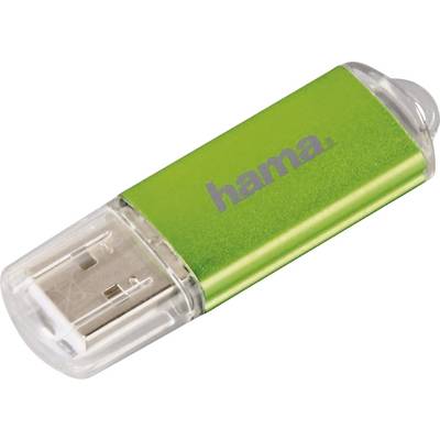 Une clé USB verte avec des capuchons transparents, portant la marque 'hama'.