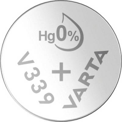 Pile bouton Varta V339, argentée, avec marquage 'Hg 0%' indiquant l'absence de mercure. Pôle positif et type visibles sur la surface.