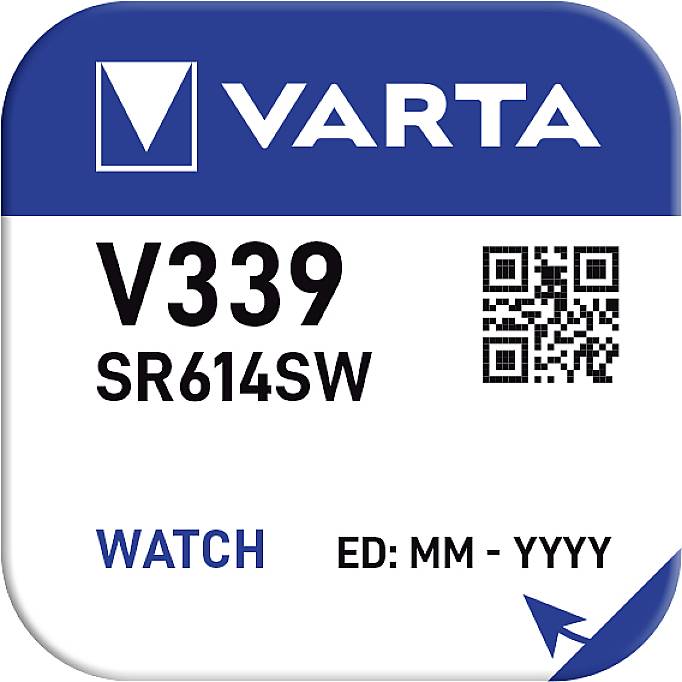 Emballage de pile VARTA, Modèle V339, SR614SW, avec code QR. Texte en anglais : « MONTRE », « ED : MM - AAAA ».