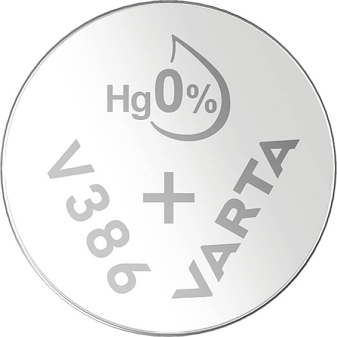 Pile ronde en argent avec inscription 'Hg 0%' pour sans mercure, 'V386', le signe '+' et 'VARTA'.