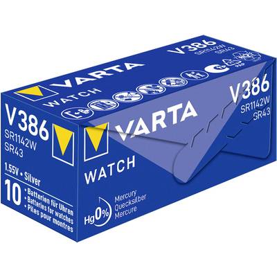 Boîte de piles VARTA WATCH V386, bleue, avec 10 piles bouton pour montres, tension : 1,55V. Marquage Hg 0% sans mercure.