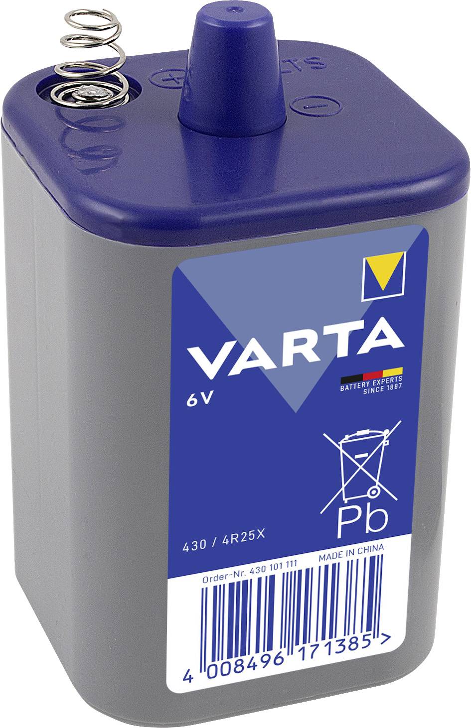 Pile avec logo Varta, 6V, forme rectangulaire, couvercle bleu avec ressort. Texte : « Fabriqué en Chine », symbole de recyclage.