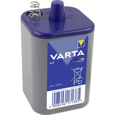 Pile avec logo Varta, 6V, forme rectangulaire, couvercle bleu avec ressort. Texte : « Fabriqué en Chine », symbole de recyclage.