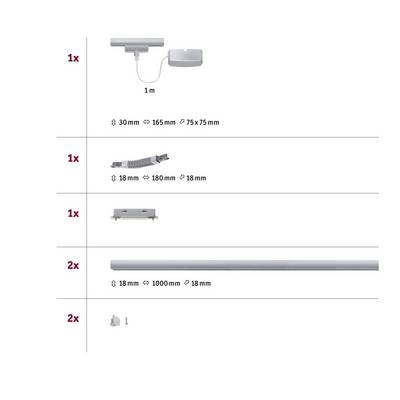 Un schéma des composants avec quantités : 1x Transformateur (165 mm x 75 mm), 1x Câble spiralé (1800 mm), 1x Connecteur, 2x Rails (1000 mm), 2x Capuchons.