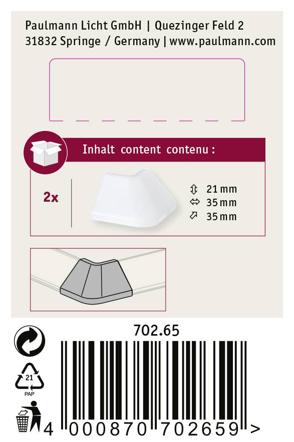 Étiquette d'emballage d'un produit de Paulmann Licht GmbH avec des illustrations et des dimensions de deux pièces en plastique blanc : 21 mm, 35 mm.
