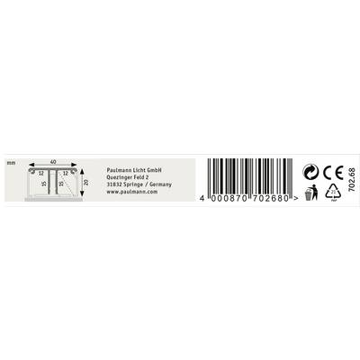 Étiquette avec code-barres et informations de l'entreprise : Paulmann Licht GmbH, adresse à Springe, Allemagne. Dimensions : 40 x 20 mm. Marquage CE présent.