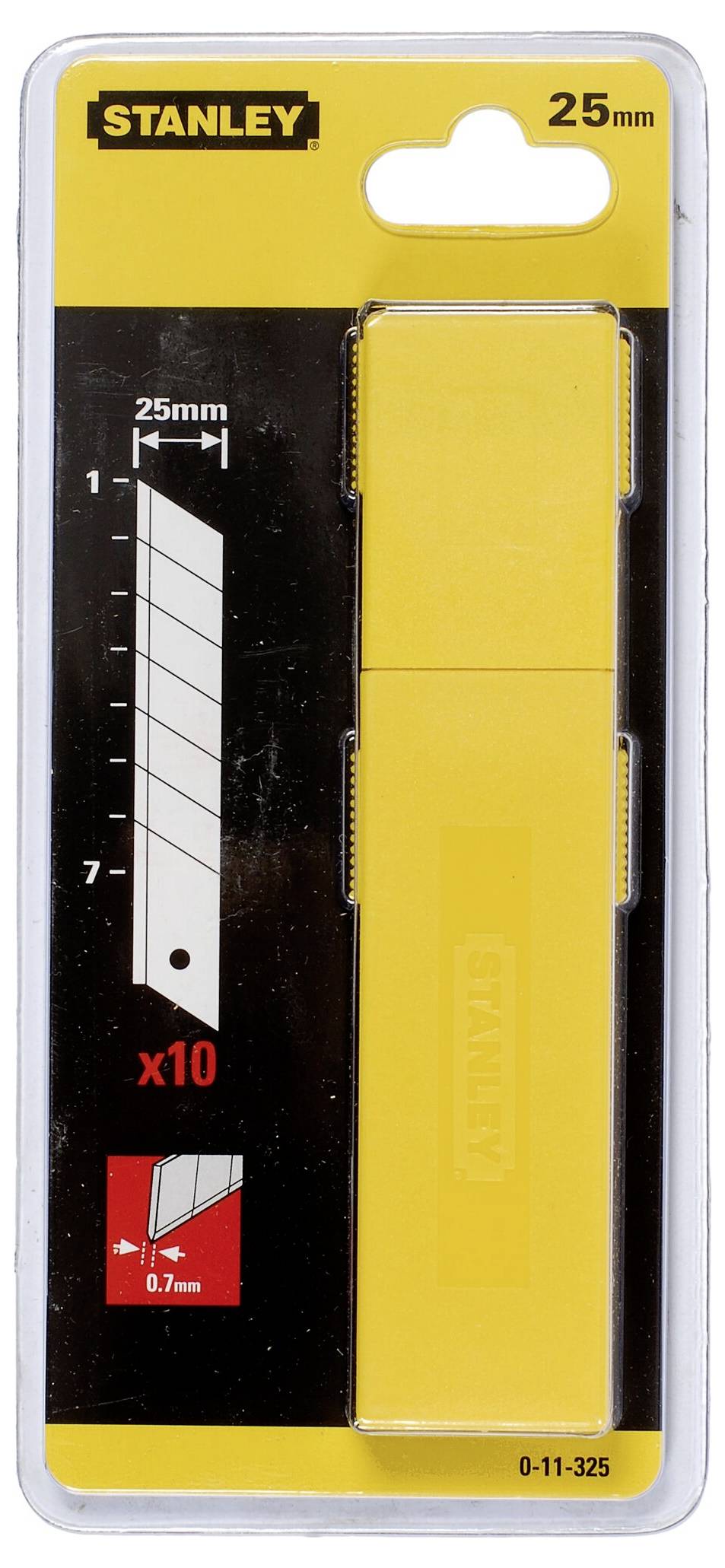 Boîte de lames de Stanley. Contient dix lames de rechange de 25 mm. L'emballage présente les dimensions et les détails des lames.