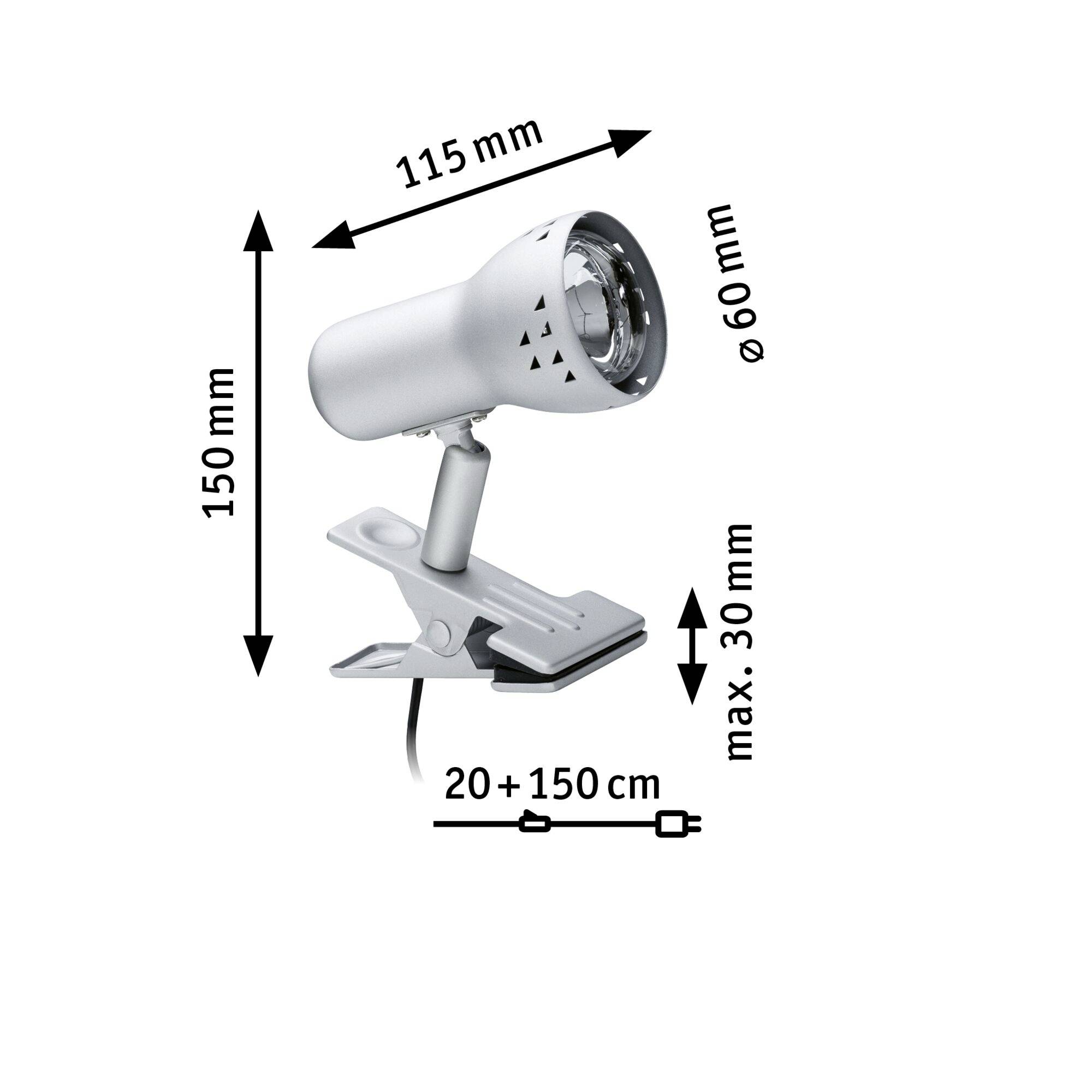 Lampe de bureau avec boîtier argenté, pince réglable et câble avec interrupteur. Dimensions : 115 mm de long, 150 mm de haut, 60 mm de diamètre.