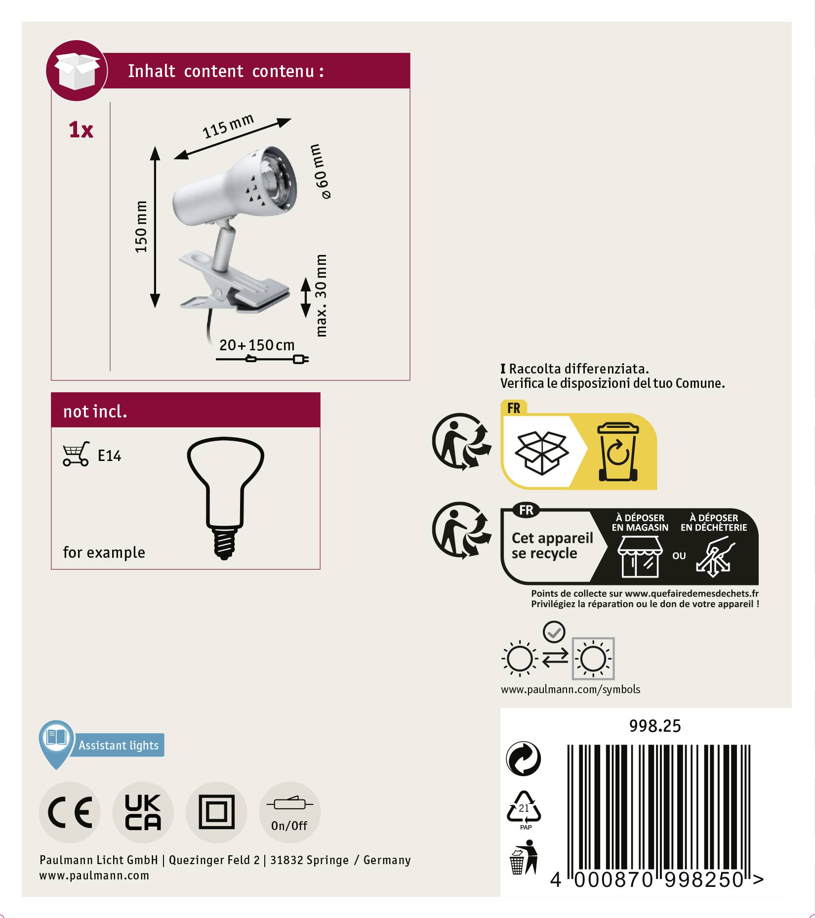 'Emballage d'un projecteur de lampe avec illustration du produit : Projecteur métallique, taille 150x90mm, douille E14, lampe GU10 nécessaire.'