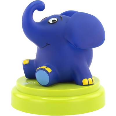 Éléphant de jouet bleu aux grandes oreilles, assis sur un socle vert.