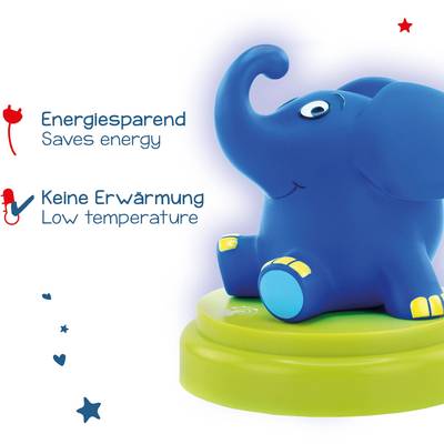 Veilleuse d'éléphant bleu sur socle jaune. Texte à côté de l'éléphant : 'Économie d'énergie, aucun échauffement', avec des symboles.