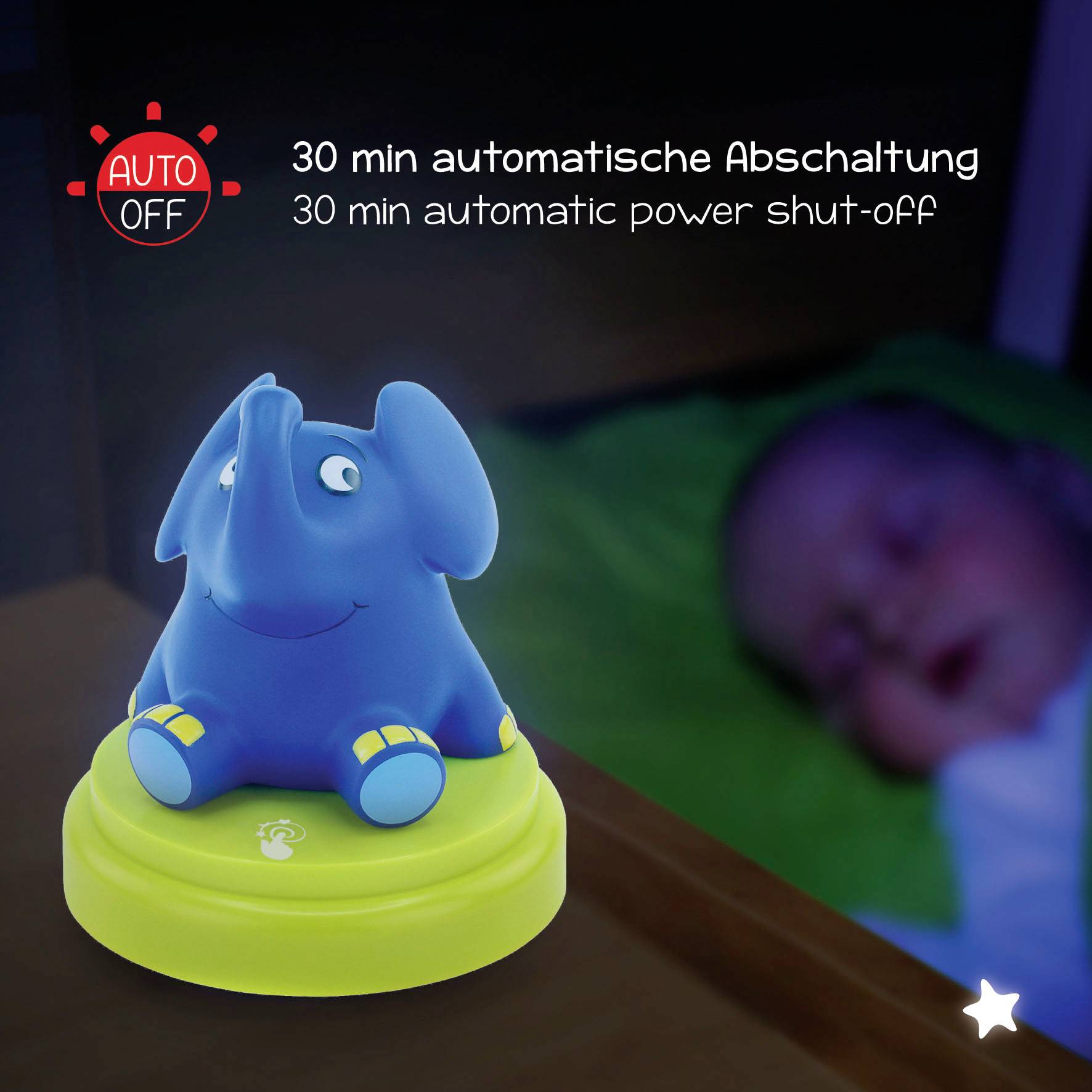 Veilleuse en forme d'éléphant avec arrêt automatique après 30 minutes. En arrière-plan, un enfant dort.