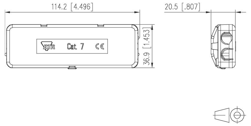 Dessin technique de dimension d'un connecteur Cat. 7 rectangulaire, montrant les vues de face et de côté avec les mesures 114,2 x 36,9 x 20,5 mm et marquage CE.