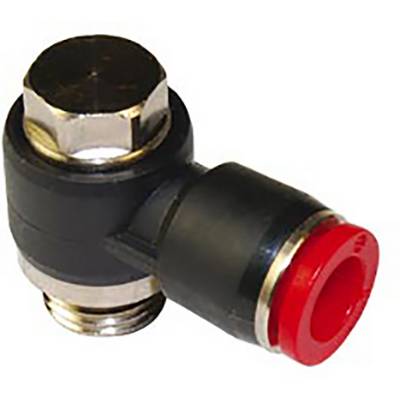 Raccord d'angle en métal et plastique avec connexion rouge, utilisé pour les connexions de tuyaux dans les systèmes pneumatiques.