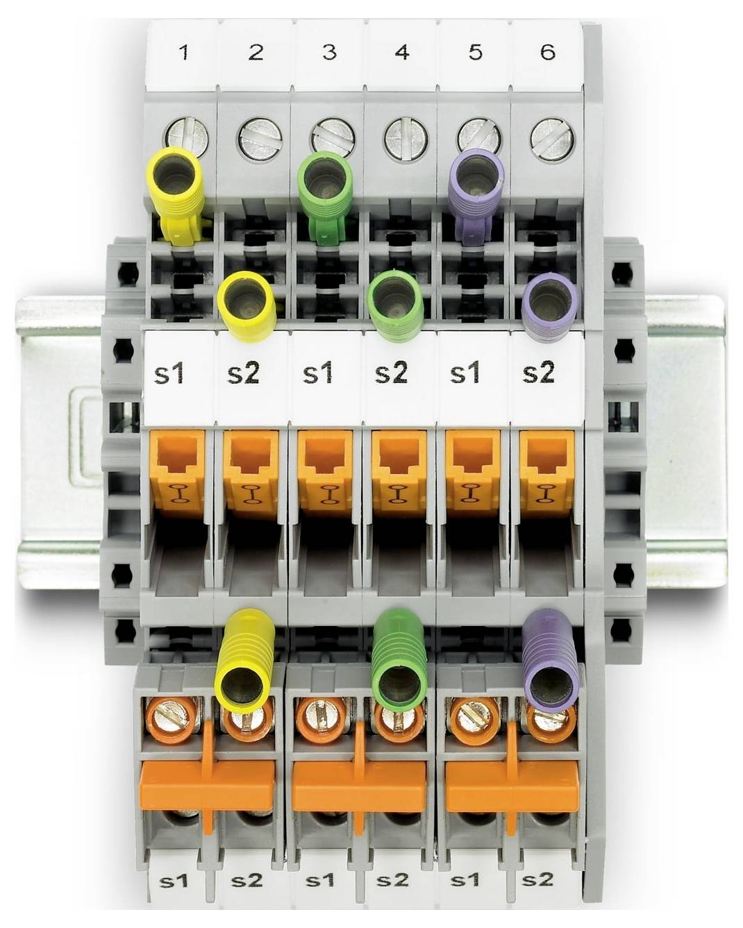 Bloc de bornes électriques avec sections étiquetées s1 et s2 de 1 à 6, comportant plusieurs connecteurs de différentes couleurs.