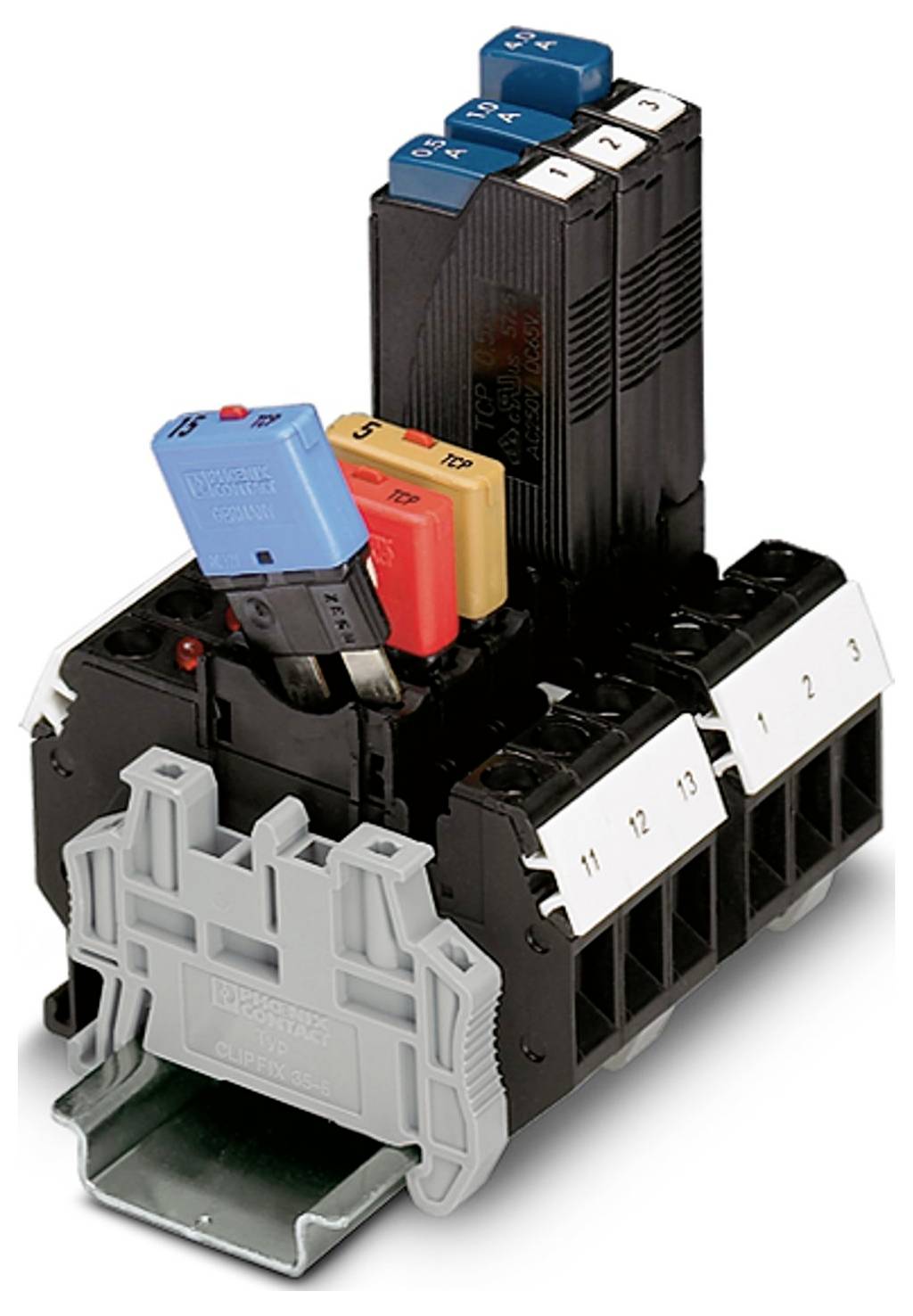 Un disjoncteur modulaire empilable avec plusieurs interrupteurs de couleurs différentes, numérotés de 1 à 13, utilisé pour la protection électrique dans les installations industrielles.