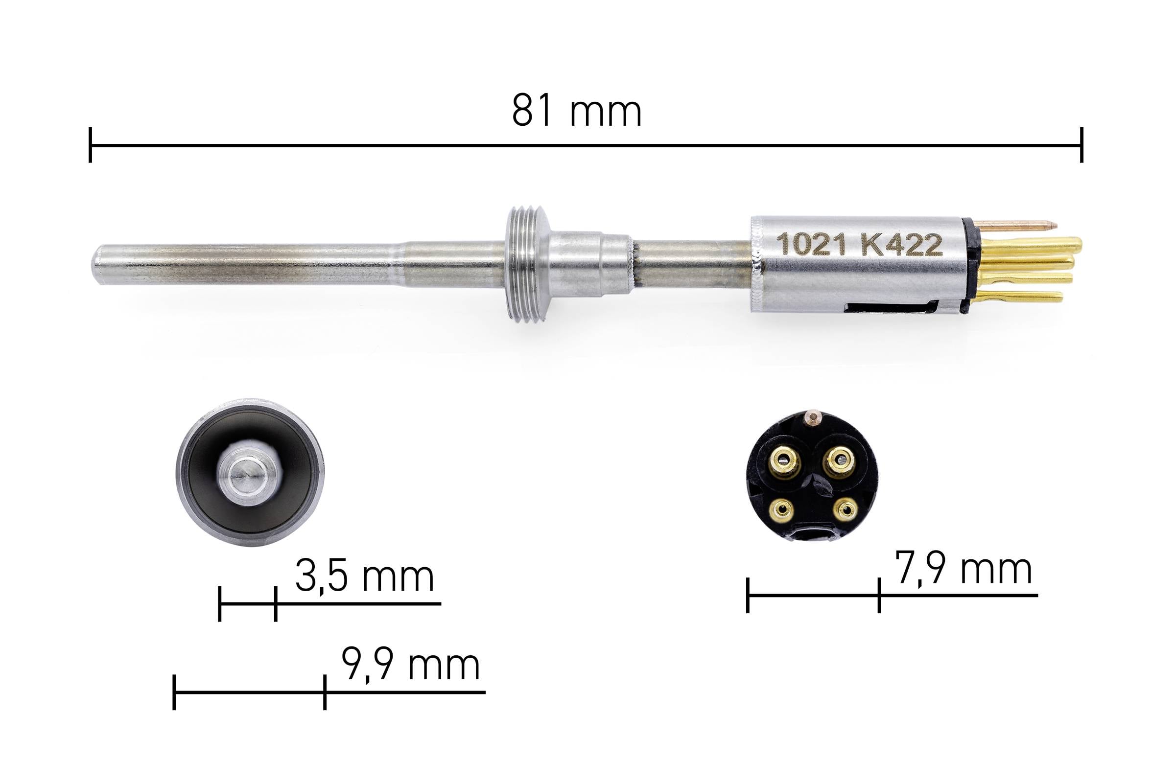 Appareil de mesure d'une longueur de 81 mm. Le diamètre de la partie noire est de 3,5 mm et celui de l'extrémité de raccordement de 7,9 mm.